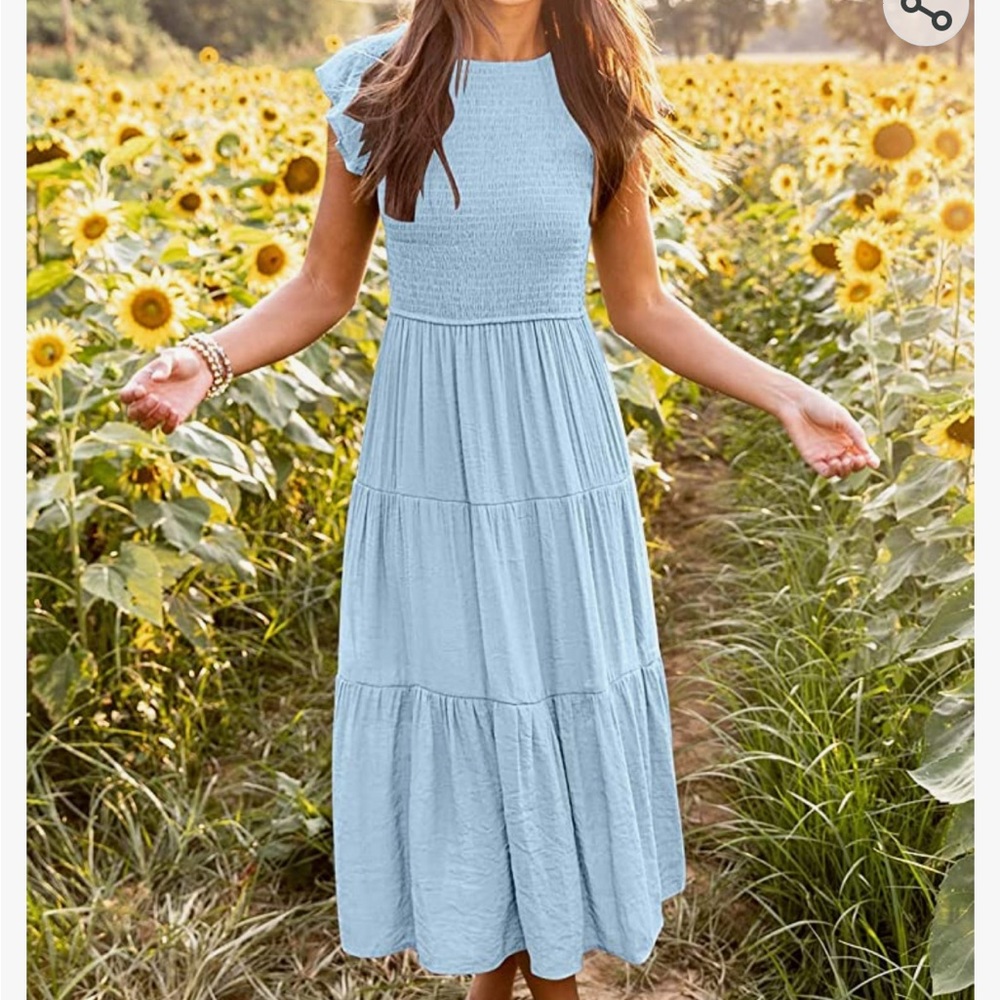 MEROKEETY Women's Flutter Short Sleeve Smocked Midi Dress